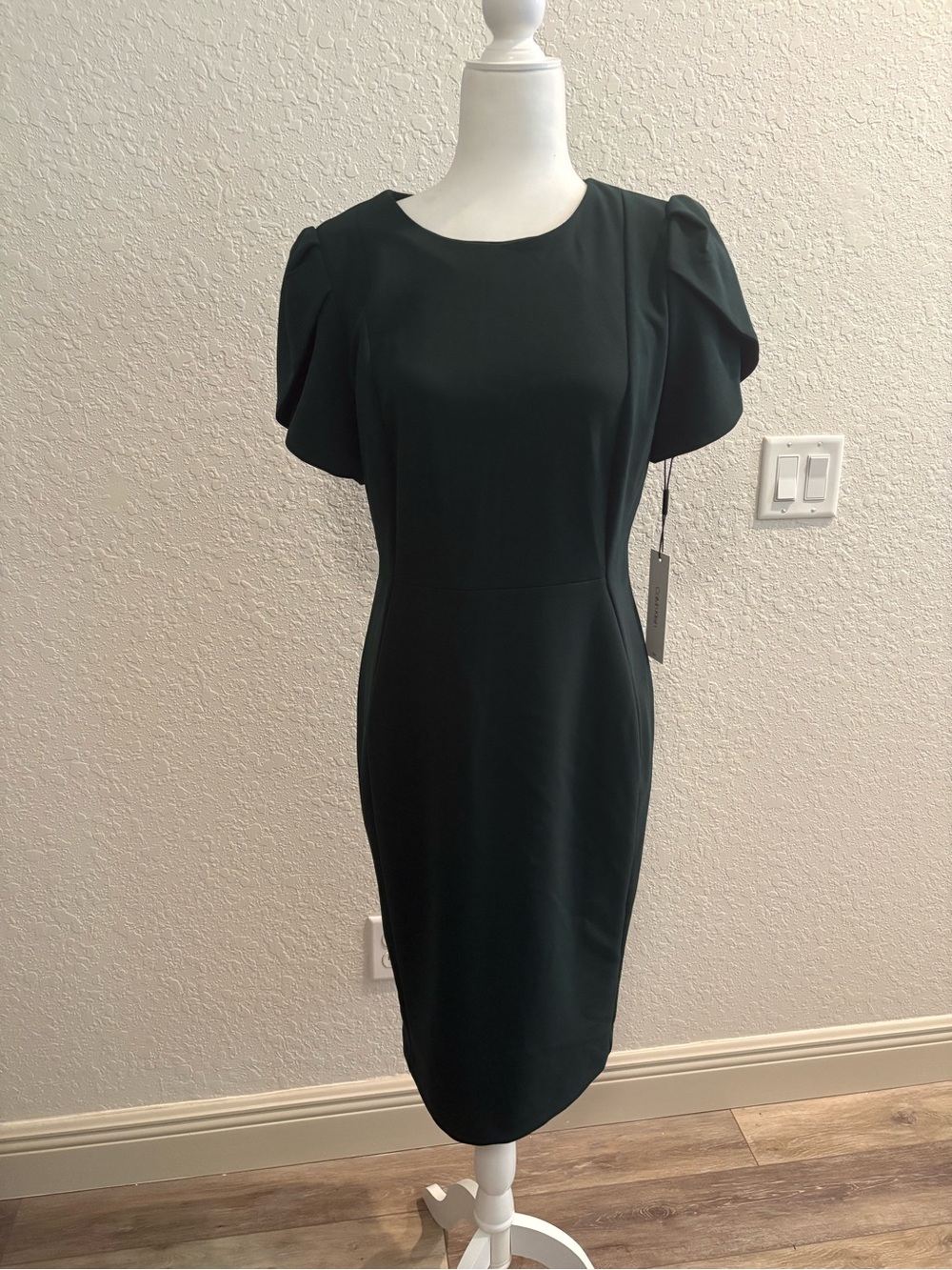 Calvin Klein Dark Green Midi Sheath Dress with Puff Sleeves